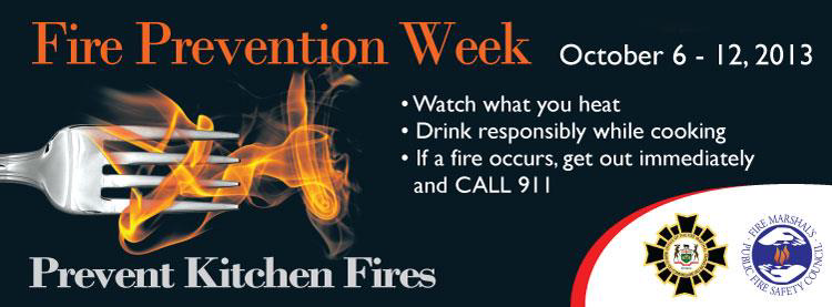A fork with a flame saying Prevent Kitchen Fires and Fire Prevention Week